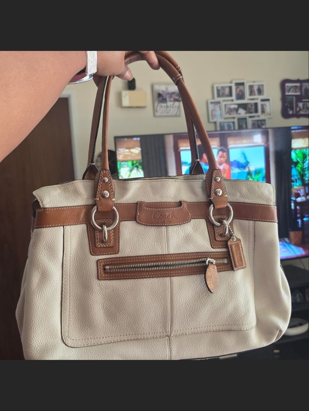 Coach Beige and Saddle Brown Pebbled Leather Shoulder Tote